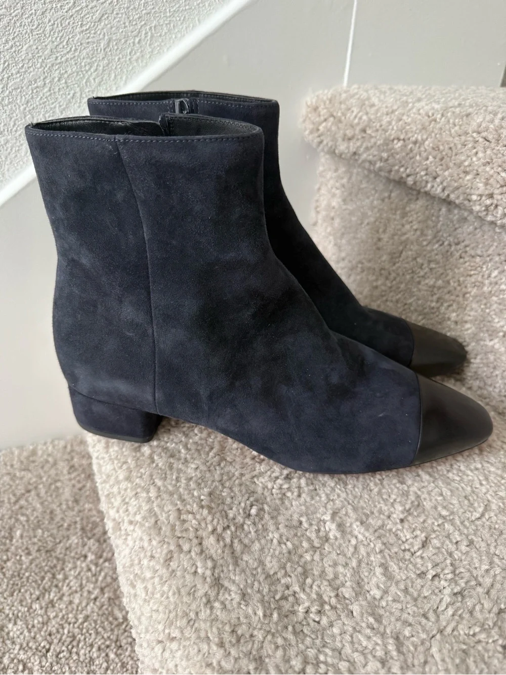 Veronica Beard Navy Suede Ankle Boots with Black Cap Toe Size 9.5